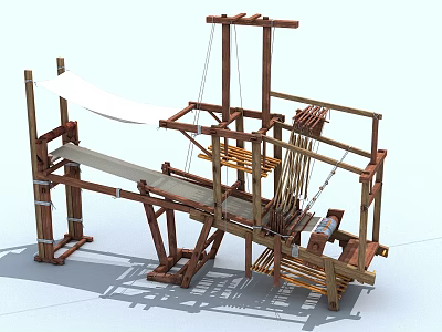 Traditional Wooden Loom Structure With Wooden Frame And Weaving Threads 3d model