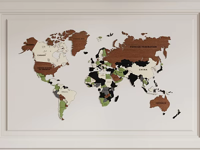 Colorful Wooden World Map Wall Decor With White Frame And Detailed Continents 3d model