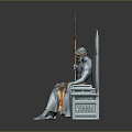 Muscular Mythic Warrior Seated On Ornate Throne Holding Spear With Creature Engravings