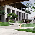 Chinese Garden Landscape With Traditional Architecture Lawn Pathway Rockery Stones And Purple Flowering Tree