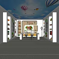 Public Office Space with Blue Sky Ceiling Hot Air Balloon Decorations Open Shelves and Desks