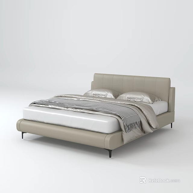 Modern Light Gray Leather Double Bed With White Mattress And Striped Blanket Silver Pillows 3d model