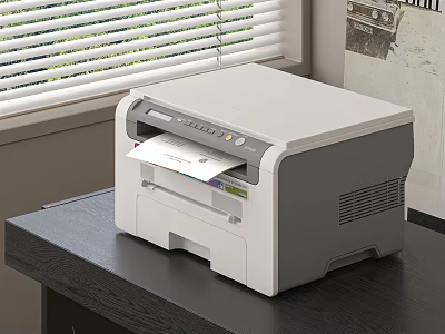 White Office Printer On Dark Desk Near Window With Blinds And Printing Paper 3d model