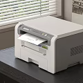 White Office Printer On Dark Desk Near Window With Blinds And Printing Paper