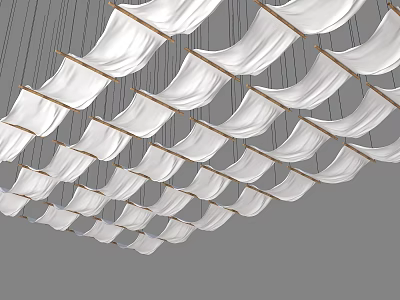 Elegant White Ceiling Drapery With Hanging Wooden Rods And Folds 3d model