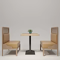 Booth Sofas With Wooden Frame Beige Cushions Square Table And Potted Plant 3d model