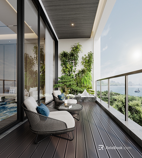 Cozy Garden Terrace With Wicker Furniture Blue White Cushions Lush Green Plants And Sea View 3d model 