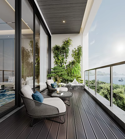 Cozy Garden Terrace With Wicker Furniture Blue White Cushions Lush Green Plants And Sea View 3d model