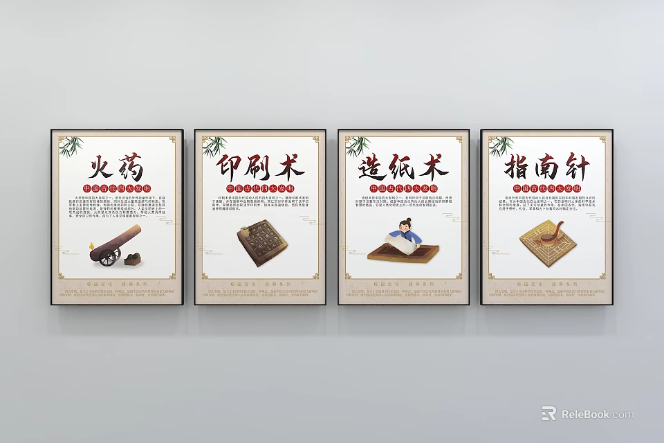 Ancient Chinese Four Great Inventions Display with Gunpowder Printing Papermaking and Compass 3d model 