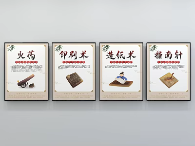 Ancient Chinese Four Great Inventions Display with Gunpowder Printing Papermaking and Compass 3d model