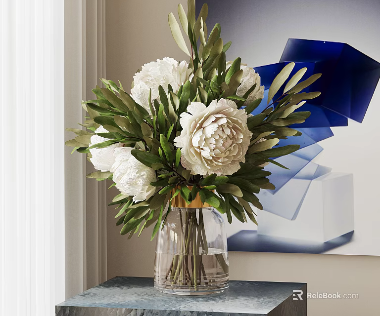White Peonies and Green Leaves in Transparent Vase on Table with Blue Abstract Painting 3d model 