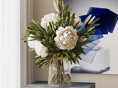 White Peonies and Green Leaves in Transparent Vase on Table with Blue Abstract Painting 3d model