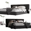 Modern Double Bed With Black Headboard Soft Pillows Bedside Table And Decorative Plants 3d model