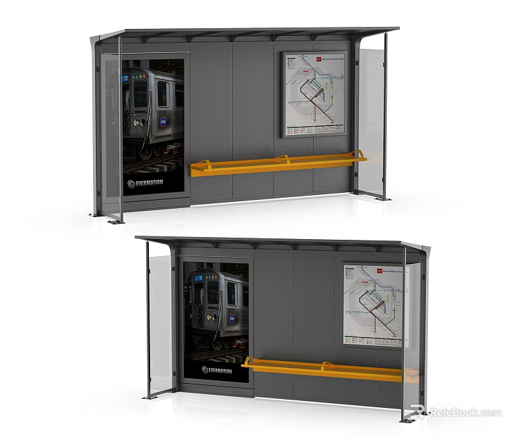 Modern Bus Stop Shelter With Gray Structure Yellow Bench And Route Map 3d model 