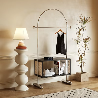 Metal Arc Clothes Rack With Shelf Holding Shoes Books 1980 Box Table Lamp And Plant 3d model