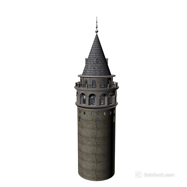 Ancient Stone Tower Architectural Design With Conical Roof Balcony And Windows 3d model 
