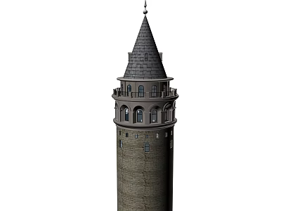 Ancient Stone Tower Architectural Design With Conical Roof Balcony And Windows 3d model