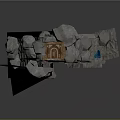 Rocky Structure Model With Wooden Frames And Blue Elements In Stone Formation