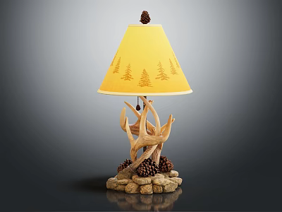Antler Table Lamp With Yellow Lampshade And Pine Tree Patterns On Pine Cones Stone Base 3d model