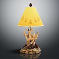 Antler Table Lamp With Yellow Lampshade And Pine Tree Patterns On Pine Cones Stone Base 3d model