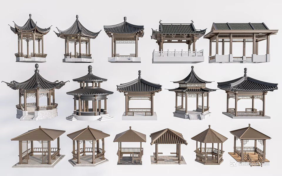 Traditional Chinese Pavilion Models With Various Roof Styles And Structural Designs 3d model 
