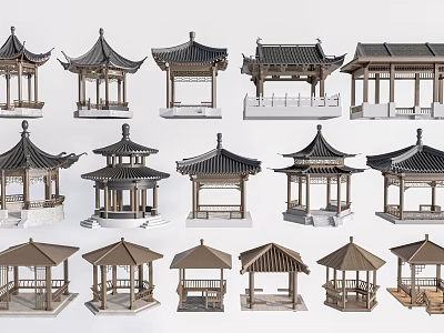 Traditional Chinese Pavilion Models With Various Roof Styles And Structural Designs 3d model