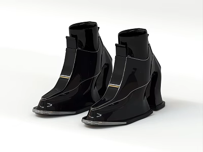Stylish Black Patent Leather Ankle Boots with Unique High Heel Design and Metallic Accents 3d model