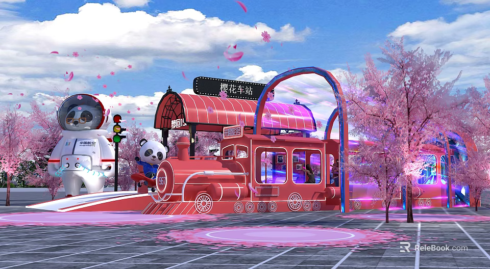 Cherry Blossom Station With Red Train Pink Trees Blue Arch Astronaut Panda Dolls Pink Petals 3d model 