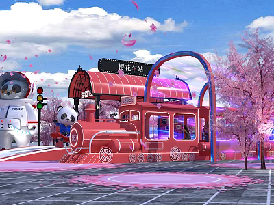 Cherry Blossom Station With Red Train Pink Trees Blue Arch Astronaut Panda Dolls Pink Petals 3d model