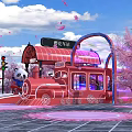 Cherry Blossom Station With Red Train Pink Trees Blue Arch Astronaut Panda Dolls Pink Petals