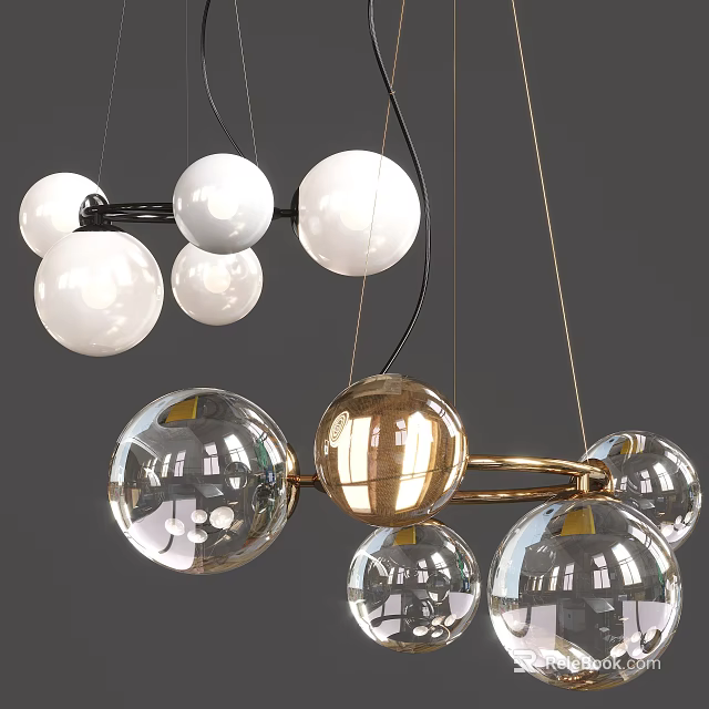 Modern Pendant Light with Glass Spheres and Gold Metal Frame Design for Living Room 3d model 