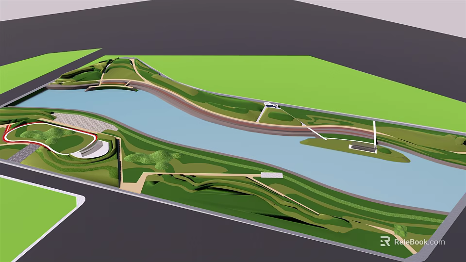 Waterfront Landscape Design With Curved River Lush Green Spaces And Pedestrian Walkways 3d model 