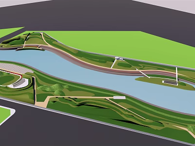 Waterfront Landscape Design With Curved River Lush Green Spaces And Pedestrian Walkways 3d model