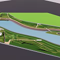 Waterfront Landscape Design With Curved River Lush Green Spaces And Pedestrian Walkways