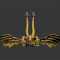 Golden Three Headed Dragon Statue With Detailed Wings And Mythical Design