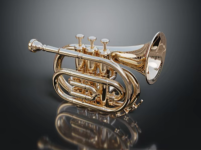 Golden Brass Cornet Musical Instrument With Shiny Finish And Intricate Design Details 3d model