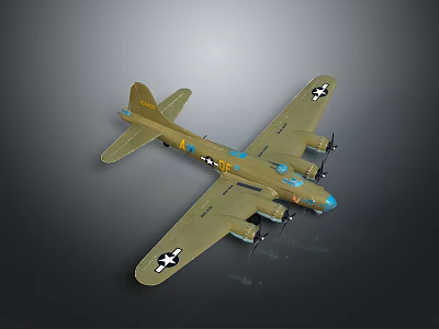 Olive Green Vintage Fighter Plane Model With Four Propellers And White Star Insignia On Wings 3d model