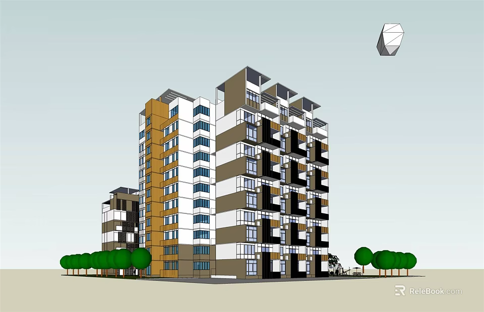 Modern Multi Storey Residential Building With Colored Facade Windows Balconies And Trees 3d model 