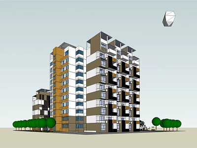 Modern Multi Storey Residential Building With Colored Facade Windows Balconies And Trees 3d model