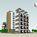 Modern Multi Storey Residential Building With Colored Facade Windows Balconies And Trees