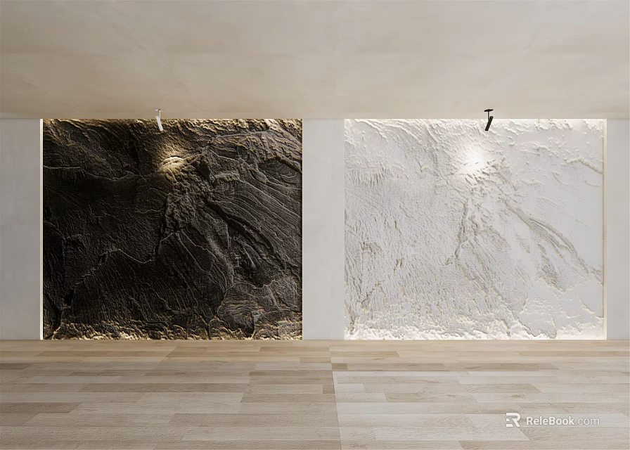 Textured Dark And Light Stone Wall In Modern Interior With Lighting 3d model 