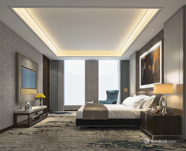 Elegant Hotel Room Interior With Large Bed Nightstand Lamp TV Window Carpet And Decorative Painting 3d model 