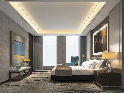 Elegant Hotel Room Interior With Large Bed Nightstand Lamp TV Window Carpet And Decorative Painting 3d model