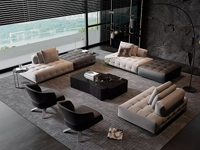 Modern Sofa And Coffee Table Set With Leather Chairs Large Windows And Area Rug 3d model