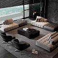 Modern Sofa And Coffee Table Set With Leather Chairs Large Windows And Area Rug