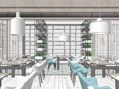 Modern Restaurant Interior With White Pendant Lights Dining Tables Blue Chairs And Green Plants 3d model