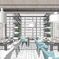 Modern Restaurant Interior With White Pendant Lights Dining Tables Blue Chairs And Green Plants