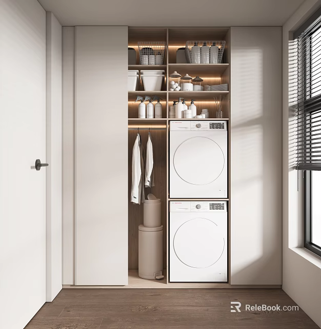 Sleek Bathroom Cabinet Rack With White Washing Machine Dryer Clothing Hanging And Storage Space 3d model 