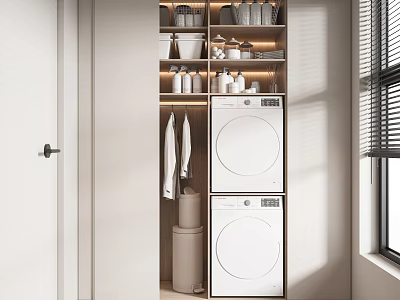 Sleek Bathroom Cabinet Rack With White Washing Machine Dryer Clothing Hanging And Storage Space 3d model