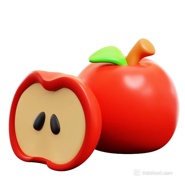 Fresh Red Apple With Green Leaf Brown Stem And Sliced Half Showing Flesh Seeds 3d model 